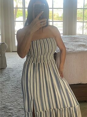 Smocked Strapless Maxi Dress in Blue & White Stripes